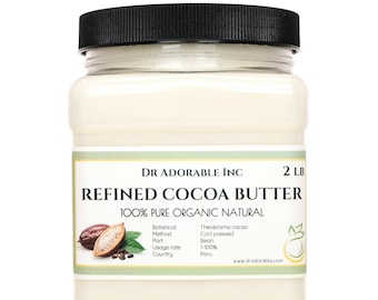 May include: A white plastic jar with a black lid containing 2 pounds of refined cocoa butter. The label reads "DR ADORABLE INC" and "REFINED COCOA BUTTER 100% PURE ORGANIC NATURAL". The label also includes details about the cocoa butter, such as the botanical name, method, part, usage rate, and country of origin.