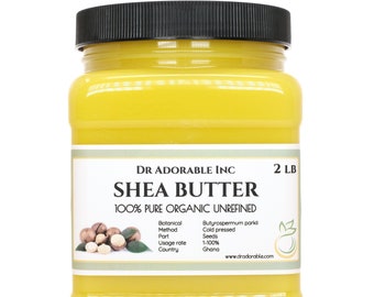 May include: A 2 pound jar of unrefined shea butter, labeled "Dr. Adorable Inc. Shea Butter 100% Pure Organic Unrefined". The label also includes details about the botanical source, method, part, usage rate, and country of origin.