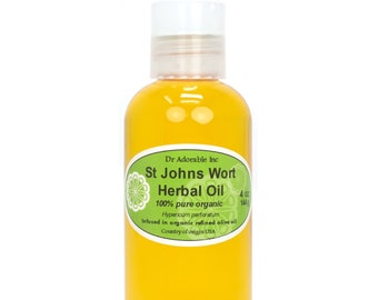 May include: A clear glass bottle with a white cap filled with yellow liquid. The label reads "Dr Adorable Inc St Johns Wort Herbal Oil 100% pure organic Hypericum perforatum Infused in organic refined olive oil Country of origin USA 4 oz 114 g".