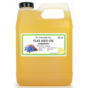 May include: A yellow plastic jug of flax seed oil with a black cap and a white handle. The label reads "FLAX SEED OIL UNREFINED 100% Pure Organic" and lists the botanical name, method, and country of origin. The jug contains 32 oz of oil.
