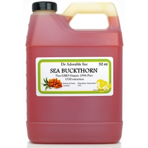 May include: A 32 ounce bottle of Sea Buckthorn oil, a non-GMO organic 100% pure CO2 extraction. The label is green and white with the text "Dr Adorable Inc. Sea Buckthorn Non GMO Organic 100% Pure CO2 extraction Botanical Name Hippophae rhamnoides Country USA 32 oz www.dradorable.com".