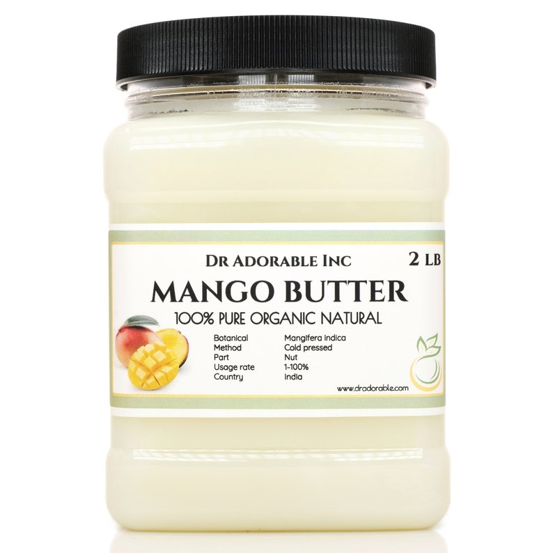 May include: A 2-pound jar of 100% pure organic mango butter. The jar has a white label with the text "DR ADORABLE INC MANGO BUTTER 100% PURE ORGANIC NATURAL" and a small image of a mango. The label also includes information about the botanical name, method, part, usage rate, and country of origin.