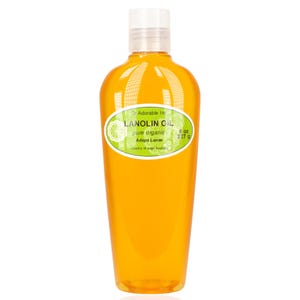 May include: A clear plastic bottle filled with amber-colored liquid, labeled "Lanolin Oil." The label is green and white, with text indicating it's pure organic and 8 oz (227 g). The bottle has a white cap.