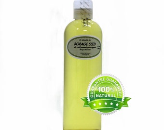 May include: A clear glass bottle of Borage Seed Oil, cold pressed and pure organic. The bottle has a white label with the text "Borage Seed Oil, cold pressed pure organic" and "100% Natural" printed on it. The bottle is sitting on a white background.