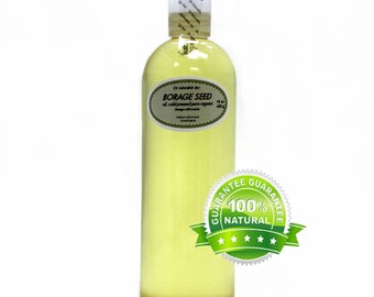 May include: A clear glass bottle of Borage Seed Oil, cold pressed pure organic, with a white label and a green guarantee seal that says "100% Natural".