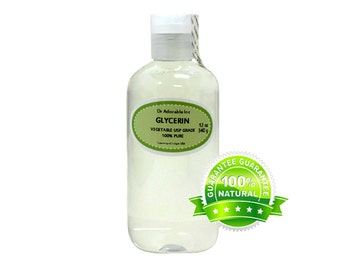 May include: A clear plastic bottle of glycerin with a white cap. The label reads "Glycerin, Vegetable USP Grade, 100% Pure, 12 oz, 340 g." A green and white "100% Natural" seal is on the right.
