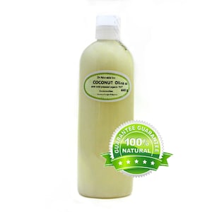 May include: A clear plastic bottle of 16 ounce coconut oil, labeled "Dr Adorable Inc COCONUT OIL 16 oz pure cold pressed organic 78 F Cocosnucitus 445 g". The bottle has a green and white label with a guarantee seal that reads "GUARANTEE 100% NATURAL".
