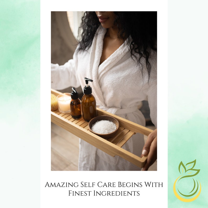 May include: A person in a white bathrobe holds a wooden tray with bath products. The tray contains a candle, two bottles of liquid, and a small bowl of bath salts. The text "AMAZING SELF CARE BEGINS WITH FINEST INGREDIENTS" is below the image.