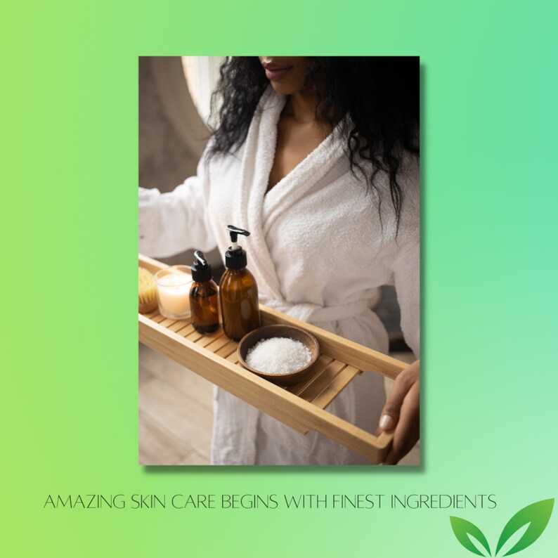 May include: A person in a white bathrobe holds a wooden tray with bath products. The tray contains two amber glass bottles with pumps, a candle, a wooden brush, and a small bowl of white bath salts.  "AMAZING SKIN CARE BEGINS WITH FINEST INGREDIENTS" is written on the bottom of the image.