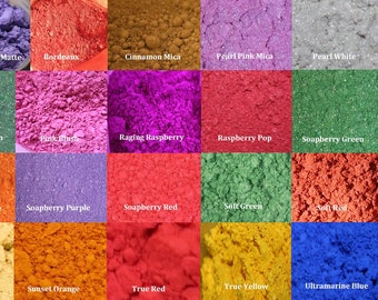May include: A collection of 20 different colored mica powders, including African Violet Matte, Bordeaux, Cinnamon Mica, Pearl Pink Mica, Pearl White, Pennsylvania Green, Pink Blush, Raging Raspberry, Raspberry Pop, Soapberry Green, Ultramarine Pink, Soapberry Orange, Soapberry Purple, Soapberry Red, Soft Green, Soft Red, Soft Yellow, Sunset Orange, True Red, True Yellow, and Ultramarine Blue.