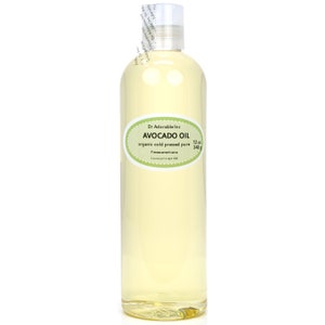 May include: A clear glass bottle of organic cold-pressed avocado oil. The label reads "Dr. Adorable Inc. Avocado Oil 12 oz 340g organic cold pressed pure Persea americana Country of origin USA".