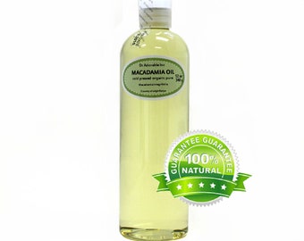 May include: A clear glass bottle of 12 oz (340 g) of Macadamia Oil, cold pressed organic pure, with a green label that says "Dr. Adorable Inc. Macadamia Oil cold pressed organic pure 12 oz 340 g Macadamia integrifolia Country of origin: Kenya" and a green and white guarantee seal that says "Guarantee 100% Natural" with five stars.