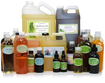 May include: A collection of various oils in clear bottles and jugs. Labels indicate types such as Marula, Neem, Pumpkin Seed, and Hemp Seed. The containers vary in size, from small dropper bottles to large gallon jugs.