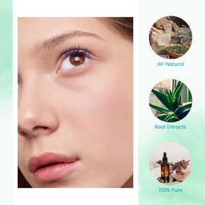 May include: Close-up of a woman's face with a focus on her eye. The image is split into three sections, with the left side showing the woman's face, the right side showing three circles with images and text. The top circle shows a hand grinding herbs in a mortar and pestle, with the text "All-Natural". The middle circle shows a green aloe vera plant, with the text "Real Extracts". The bottom circle shows a bottle of essential oil with dried flowers, with the text "100% Pure".