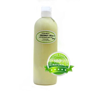 May include: A clear plastic bottle of 16 ounce coconut oil, labeled "Dr Adorable Inc COCONUT OIL 16 oz pure cold pressed organic 78 F Cocosnucitus 445 g". The bottle has a green and white label with a guarantee seal that reads "GUARANTEE 100% NATURAL".
