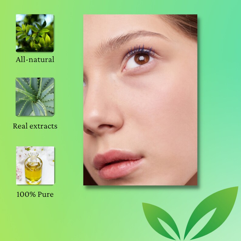 May include: A close-up of a person's face with blue mascara and brown eyes. The image includes text that reads "All-natural", "Real extracts", and "100% Pure" with accompanying images of leaves, aloe vera, and a bottle of oil.