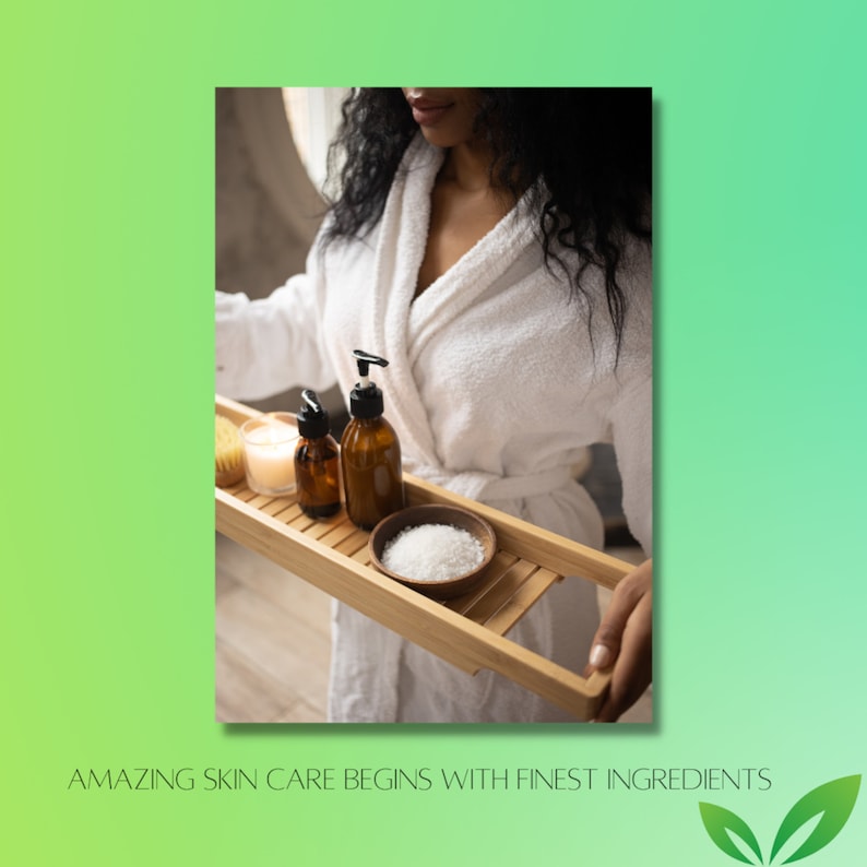 May include: A wooden tray holds skincare products: two amber glass bottles with pumps, a small bowl of white salt, a candle, and a brush. The text at the bottom reads: AMAZING SKIN CARE BEGINS WITH FINEST INGREDIENTS.