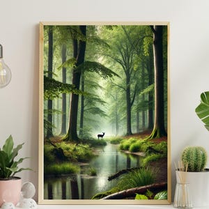 Forest landscape in summer rain – Photorealistic nature poster – Calm river scene with deer – High-quality digital print