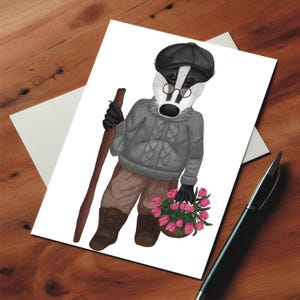 Monsieur Badger, carte postale de printemps, illustration d'art, impression d'art, carte postale faite main, carte postale de fleurs, animaux