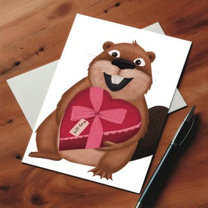 Castor Valentine, postal de San Valentín, ilustración artística, impresión artística, postal hecha a mano, postal de amor