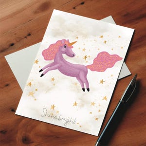 Cartão postal de unicórnio, cartão postal de aniversário, ilustração de arte, impressão de arte, cartão postal feito à mão, cartão postal para crianças