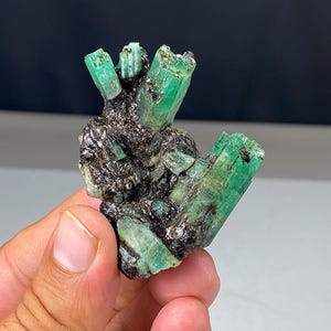 May include: A cluster of raw emerald crystals, showcasing vibrant green hues. The crystals are set against a dark, textured matrix, creating a striking contrast. The natural formation highlights the gemstone's unique structure and color.