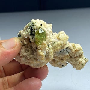 Puede incluir: Un espécimen mineral sostenido por una mano, con una formación de cristal verde claro. El cristal tiene forma prismática, incrustado en una matriz de roca blanquecina y moteada de verde. El espécimen tiene un aspecto rugoso y texturizado.