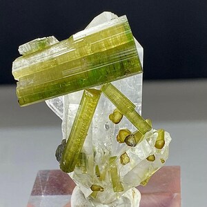 May include: A close-up of a mineral specimen featuring vibrant green tourmaline crystals on a clear quartz matrix. The tourmaline crystals are elongated and prismatic, with a rich, olive-green hue. The quartz provides a contrasting, translucent base.