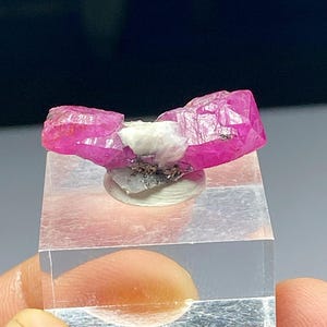 May include: A vibrant pink ruby crystal specimen with a white mineral base. The ruby is displayed on a clear, rectangular acrylic stand. The crystal's rough texture and rich color are prominent, showcasing its natural beauty. A unique mineral specimen.