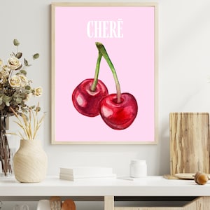 Cherry Wall Art Print | Feminine Aesthetic Printable | Watercolor Fruit Art | Pink & Red Kitchen Decor | Parisian Chic Artwork | CHERĒ