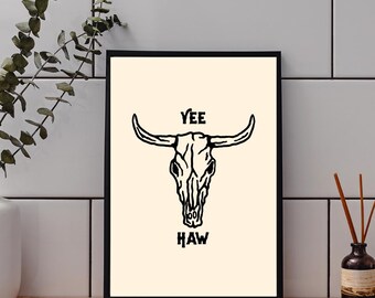 YEE HAW Western Wall Art | Cowboy Aesthetic | Digital Download | Rustic Longhorn Skull Print | Country Home Decor | Boho Western Poster