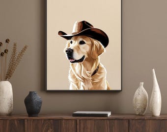 Cowboy Golden Retriever Digital Print | Western Dog Art | Funny Pet Wall Decor | Instant Download