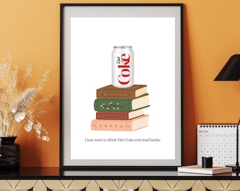 Arte imprimible de Coca-Cola Light y libros / Estética acogedora para amantes de los libros / Descarga digital / Impresión de libros antiguos / Decoración literaria para el hogar