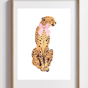 Cheetah Wall Art Print, Digital Download, Safari Animal Illustration, Cute Cheetah with Pink Bow, Nursery Decor, Wildlife Printable Art