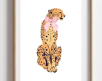 Cheetah Wall Art Print, Digital Download, Safari Animal Illustration, Cute Cheetah with Pink Bow, Nursery Decor, Wildlife Printable Art