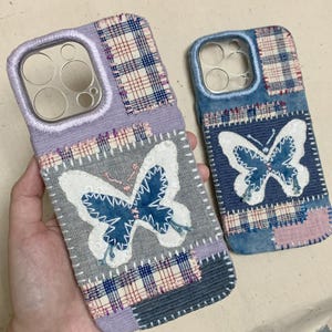 Telefoonhoesje vlinder, handgemaakte schattige patchwork-telefoonhoes, telefoonhoesje geborduurde stof, Samsung-telefoonhoesje, cadeau voor haar, unieke cadeaus