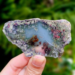 Może przedstawiać: Polerowany kamień agatu o nieregularnym kształcie, z bladoniebieskim środkiem i skomplikowanymi wzorami. Kamień ma obszary czerwieni, brązu i zieleni, o naturalnym, organicznym wyglądzie. Trzymany w dłoni na rozmytym zielonym tle.