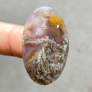 May include: An oval gemstone with a distinctive pattern. The stone displays a mix of colours, including lavender, yellow, and brown, with a feathery, fern-like design. The stone is held up by a finger.