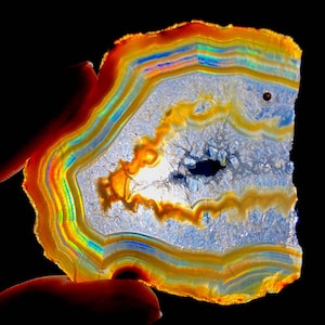 May include: A vibrant, translucent agate slice with concentric bands of color. The gemstone features layers of orange, yellow, blue, and white, creating a rainbow effect. The natural stone has a unique, organic shape and a dark background.