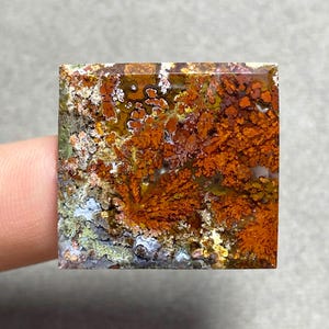 Könnte beinhalten: Quadratischer Moosachat-Edelstein mit einer reichen Farbpalette. Der Stein zeigt detaillierte Muster in Orange, Braun, Grün und Weiß, die an eine Miniaturlandschaft erinnern. Die polierte Oberfläche unterstreicht die natürliche Schönheit des Steins.