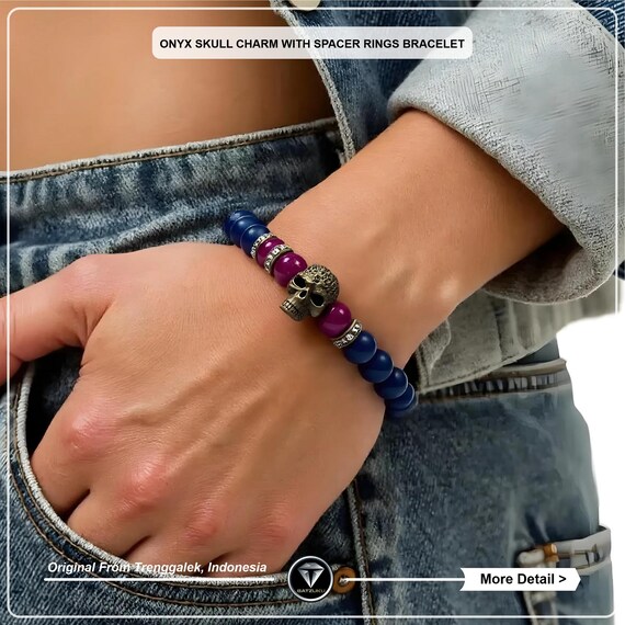 Bracciale Uomo Onice Nero 8mm Con Teschio Zirconia &ndash; DouVei, Regolabile