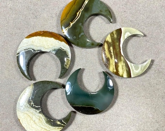 5Pcs Polychrome Jasper Cabochon, Natural Loose Stone Lot Crescent Moon Gemstone, DIY Jewelry Making