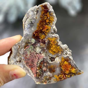 Op de afbeelding: Een gepolijste, onregelmatig gevormde steen met een doorschijnende, lichtgrijze buitenkant. De binnenkant heeft levendige kleuren, waaronder vlekken van geel, oranje, rood, roze en groen. De steen wordt door een hand vastgehouden, wat de natuurlijke schoonheid en unieke patronen laat zien.