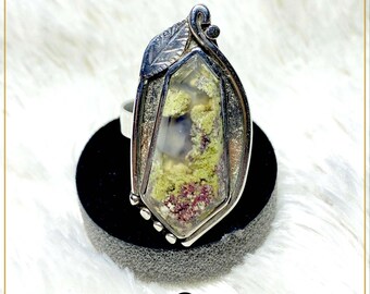 Moss Agate Ring, Stainless Steel Art Deco Gemstone Statement Ring