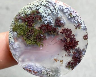 May include: A circular gemstone with a natural pattern. The stone has a clear base with inclusions of green, white, and maroon, creating a miniature landscape effect. The stone is held by a finger.