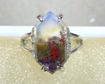 atural Moss Agate Ring Unique Hexagon Stone Adjustable Wedding Ring Nature Inspired Handmade