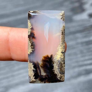 May include: A rectangular dendritic agate gemstone featuring a translucent, milky white centre with distinct, dark brown to black fern-like inclusions and metallic gold-toned mineral patterns along the edges of the polished stone surface.