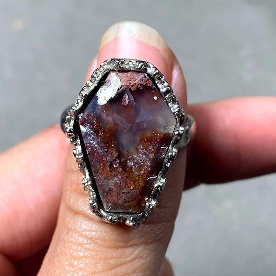 Natural Moss Agate Ring, Unique Statement Gemstone Ring, Stainless Steel, Boho Jewelry, Size 7