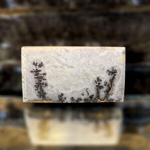 Op de afbeelding: Een rechthoekige, gepolijste steen met een landschapachtig patroon. De steen heeft een crèmewitte basis met grijze adering en zwarte, boomachtige insluitsels. Hints van goud zijn zichtbaar langs de randen, wat een vleugje elegantie toevoegt aan het natuurlijke ontwerp.