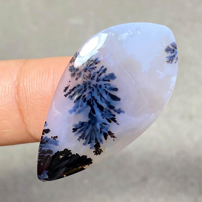 May include: A polished, teardrop-shaped gemstone with a translucent, pale blue base. Intricate, tree-like patterns in shades of black and blue-grey are visible within the stone. The gemstone is held by a finger.